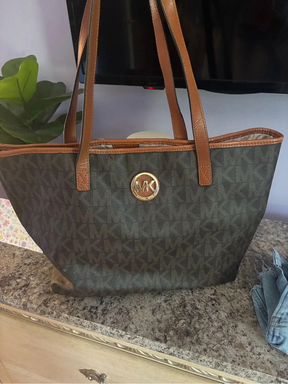 Michael Kors Brown Monogram Tote with Brown Trim